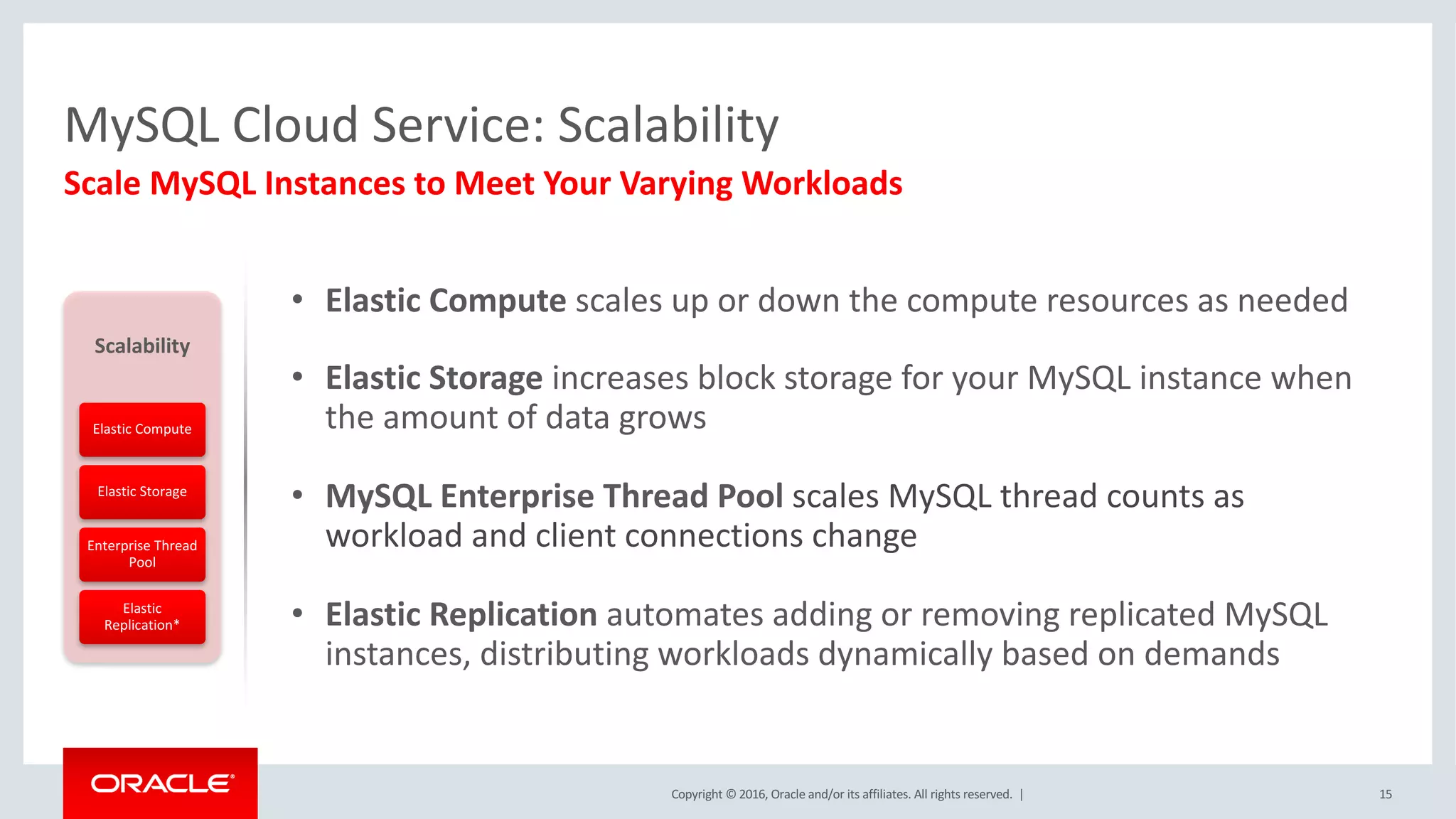 Copyright	©	2016, Oracle	and/or	its	affiliates.	All	rights	reserved.		| 15
Scale	MySQL	Instances	to	Meet	Your	Varying	Workloads
MySQL	Cloud	Service:	Scalability	
Scalability
Elastic	Compute
Elastic	Storage
Enterprise	Thread	
Pool
Elastic	
Replication*
• Elastic	Compute	scales	up	or	down	the	compute	resources	as	needed
• Elastic	Storage increases	block	storage	for	your	MySQL	instance	when	
the	amount	of	data	grows
• MySQL	Enterprise	Thread	Pool	scales	MySQL	thread	counts	as	
workload	and	client	connections	change
• Elastic	Replication	automates	adding	or	removing	replicated	MySQL	
instances,	distributing	workloads	dynamically	based	on	demands	
 