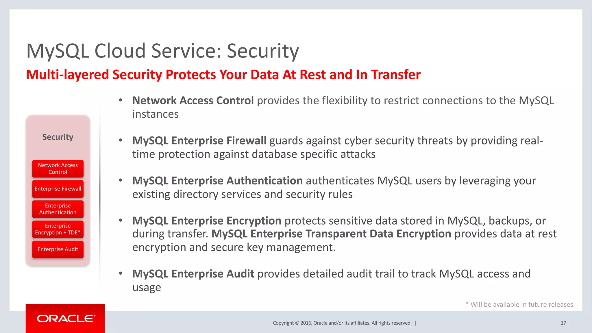 Copyright	©	2016, Oracle	and/or	its	affiliates.	All	rights	reserved.		| 17
Multi-layered	Security	Protects	Your	Data	At	Rest	and	In	Transfer
MySQL	Cloud	Service:	Security
Security
Network	Access	
Control
Enterprise	Firewall
Enterprise	
Authentication
Enterprise	
Encryption	+	TDE*
Enterprise	Audit
• Network	Access	Control	provides	the	flexibility	to	restrict	connections	to	the	MySQL	
instances
• MySQL	Enterprise	Firewall	guards	against	cyber	security	threats	by	providing	real-
time	protection	against	database	specific	attacks
• MySQL	Enterprise	Authentication	authenticates	MySQL	users	by	leveraging	your	
existing	directory	services	and	security	rules
• MySQL	Enterprise	Encryption	protects	sensitive	data	stored	in	MySQL,	backups,	or	
during	transfer.	MySQL	Enterprise	Transparent	Data	Encryption	provides	data	at	rest	
encryption	and	secure	key	management.
• MySQL	Enterprise	Audit	provides	detailed	audit	trail	to	track	MySQL	access	and	
usage
*	Will	be	available	in	future	releases
 