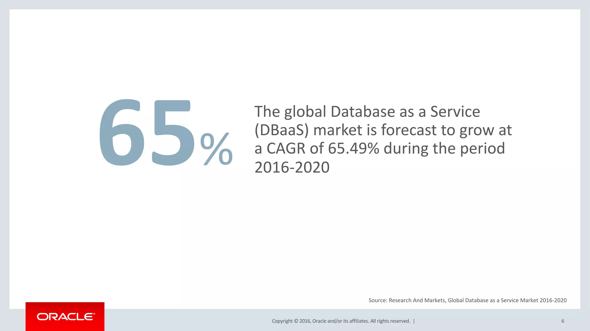 Copyright	©	2016, Oracle	and/or	its	affiliates.	All	rights	reserved.		|
65%
The	global	Database	as	a	Service	
(DBaaS)	market	is	forecast	to	grow	at	
a	CAGR	of	65.49%	during	the	period	
2016-2020
6
Source:	Research	And	Markets,	Global	Database	as	a	Service	Market	2016-2020
 