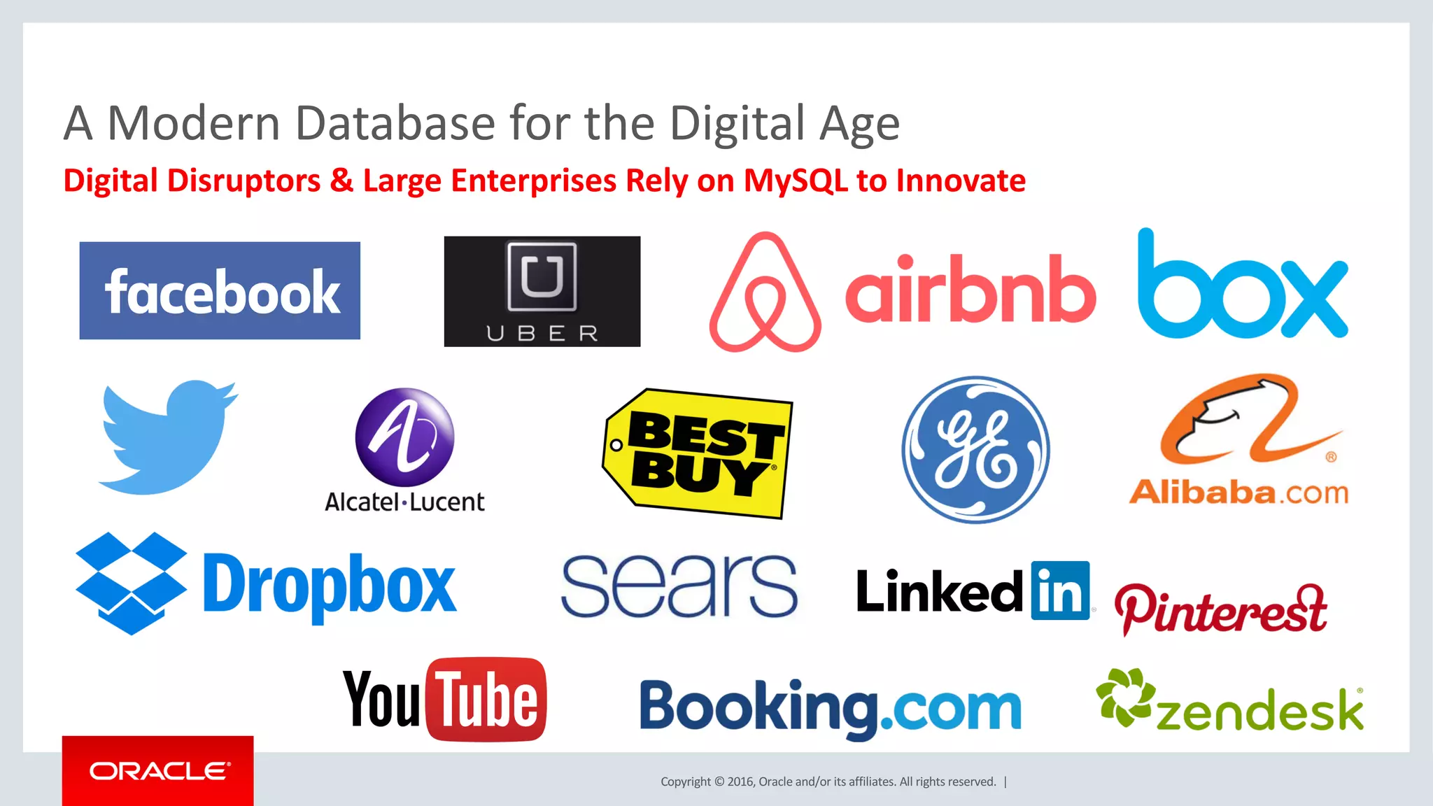Copyright	©	2016, Oracle	and/or	its	affiliates.	All	rights	reserved.		|
Digital	Disruptors	&	Large	Enterprises	Rely	on	MySQL	to	Innovate
A	Modern	Database	for	the	Digital	Age	
 
