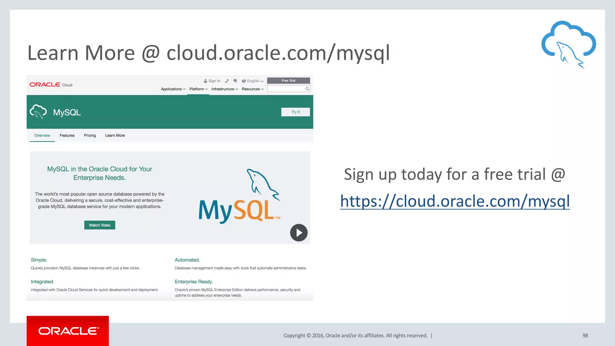 Copyright	©	2016, Oracle	and/or	its	affiliates.	All	rights	reserved.		|
Learn	More	@	cloud.oracle.com/mysql
Sign	up	today	for	a	free	trial	@
https://cloud.oracle.com/mysql
98
 