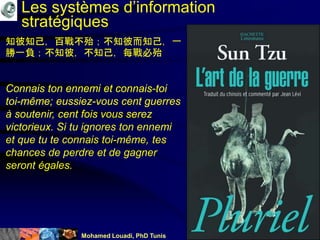 Mohamed Louadi, PhD Tunis mlouadi@louadi.com110
Les systèmes d’information
stratégiques
知彼知己，百戰不殆；不知彼而知己，一
勝一負；不知彼，不知己，每戰必殆
Connais ton ennemi et connais-toi
toi-même
知彼知己，百戰不殆；不知彼而知己，一
勝一負；不知彼，不知己，每戰必殆
Connais ton ennemi et connais-toi
toi-même; eussiez-vous cent guerres
à soutenir, cent fois vous serez
victorieux.
知彼知己，百戰不殆；不知彼而知己，一
勝一負；不知彼，不知己，每戰必殆
Connais ton ennemi et connais-toi
toi-même; eussiez-vous cent guerres
à soutenir, cent fois vous serez
victorieux. Si tu ignores ton ennemi
et que tu te connais toi-même, tes
chances de perdre et de gagner
seront égales.
 