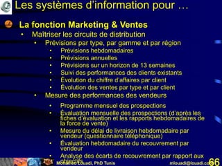 Mohamed Louadi, PhD Tunis mlouadi@louadi.com66
• La fonction Marketing & Ventes
• Maîtriser les circuits de distribution
• Prévisions par type, par gamme et par région
• Prévisions hebdomadaires
• Prévisions annuelles
• Prévisions sur un horizon de 13 semaines
• Suivi des performances des clients existants
• Évolution du chiffre d’affaires par client
• Évolution des ventes par type et par client
• Mesure des performances des vendeurs
• Programme mensuel des prospections
• Évaluation mensuelle des prospections (d’après les
fiches d’évaluation et les rapports hebdomadaires de
la force de vente)
• Mesure du délai de livraison hebdomadaire par
vendeur (questionnaire téléphonique)
• Évaluation hebdomadaire du recouvrement par
vendeur
• Analyse des écarts de recouvrement par rapport aux
objectifs
Les systèmes d’information pour …
 