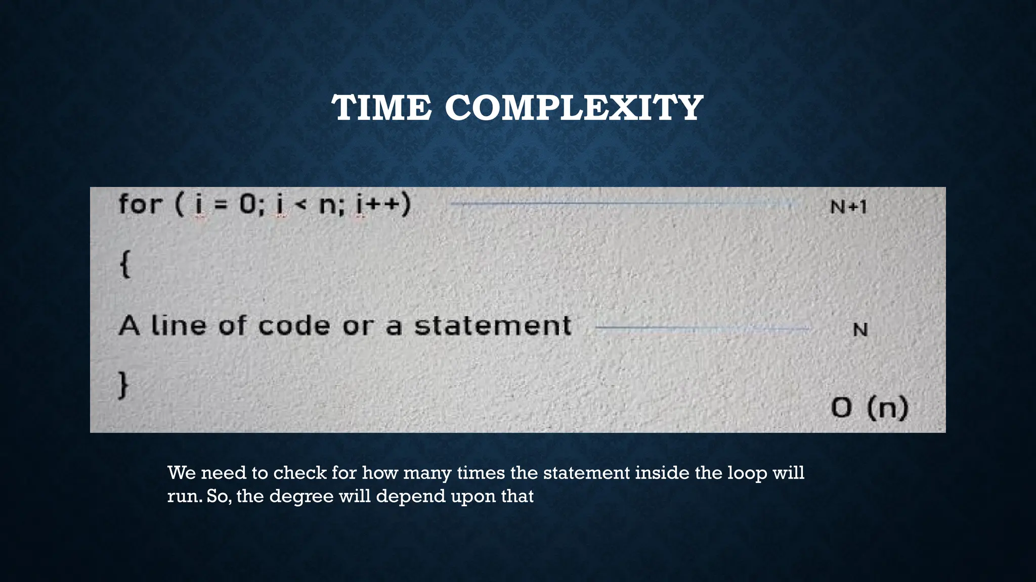 TIME COMPLEXITY
We need to check for how many times the statement inside the loop will
run. So, the degree will depend upon that
 