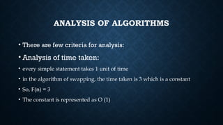 ANALYSIS OF ALGORITHMS
• There are few criteria for analysis:
• Analysis of time taken:
• every simple statement takes 1 unit of time
• in the algorithm of swapping, the time taken is 3 which is a constant
• So, F(n) = 3
• The constant is represented as O (1)
 