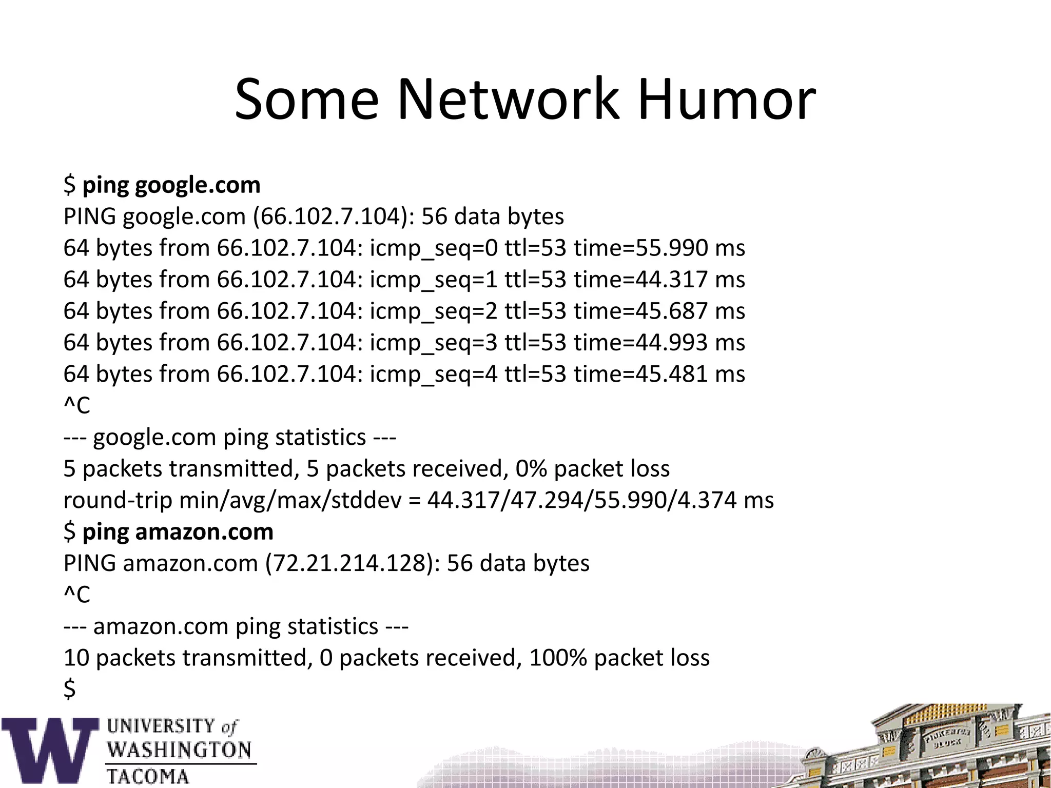Some Network Humor$ ping google.comPING google.com (66.102.7.104): 56 data bytes64 bytes from 66.102.7.104: icmp_seq=0 ttl=53 time=55.990 ms64 bytes from 66.102.7.104: icmp_seq=1 ttl=53 time=44.317 ms64 bytes from 66.102.7.104: icmp_seq=2 ttl=53 time=45.687 ms64 bytes from 66.102.7.104: icmp_seq=3 ttl=53 time=44.993 ms64 bytes from 66.102.7.104: icmp_seq=4 ttl=53 time=45.481 ms^C--- google.com ping statistics ---5 packets transmitted, 5 packets received, 0% packet lossround-trip min/avg/max/stddev = 44.317/47.294/55.990/4.374 ms$ ping amazon.comPING amazon.com (72.21.214.128): 56 data bytes^C--- amazon.com ping statistics ---10 packets transmitted, 0 packets received, 100% packet loss$