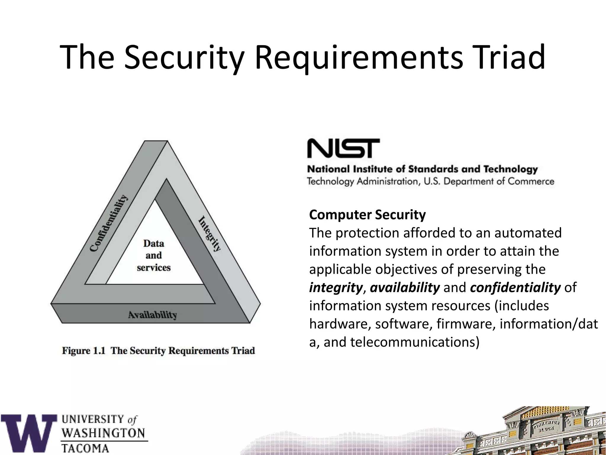 The Security Requirements TriadComputer SecurityThe protection afforded to an automated information system in order to attain the applicable objectives of preserving the integrity, availability and confidentiality of information system resources (includes hardware, software, firmware, information/data, and telecommunications)
