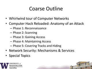 Coarse OutlineWhirlwind tour of Computer NetworksComputer Hack Reloaded: Anatomy of an AttackPhase 1: ReconnaissancePhase 2: ScanningPhase 3: Gaining AccessPhase 4: Maintaining AccessPhase 5: Covering Tracks and HidingNetwork Security: Mechanisms & ServicesSpecial Topics 