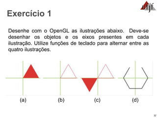 32
Exercício 1
Desenhe com o OpenGL as ilustrações abaixo. Deve-se
desenhar os objetos e os eixos presentes em cada
ilustração. Utilize funções de teclado para alternar entre as
quatro ilustrações.
(a) (b) (c) (d)
 