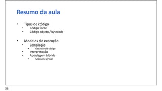 Resumo da aula
• Tipos de código
• Código fonte
• Código objeto / bytecode
• Modelos de execução:
• Compilação
• Gerador de código
• Interpretação
• Abordagem híbrida
• Máquina virtual
36
 