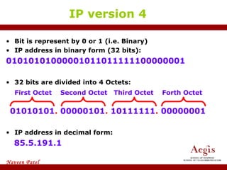 Bit is represent by 0 or 1 (i.e. Binary) IP address in binary form (32 bits): 01010101000001011011111100000001 32 bits are divided into 4 Octets: 01010101 .  00000101 .  10111111 .  00000001 IP address in decimal form: 85.5.191.1 IP version 4 First Octet  Second Octet  Third Octet  Forth Octet 