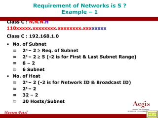 Requirement of Networks is 5 ? Example – 1 No. of Host = 2 h  – 2 (-2 is for Network ID & Broadcast ID) = 2 5  – 2 = 32 – 2 = 30 Hosts/Subnet Class C :  N . N . N . H 110xxxxx . xxxxxxxx . xxxxxxxx . xxxxxxxx Class C : 192.168.1.0 No. of Subnet = 2 n  – 2    Req. of Subnet = 2 3  – 2    5 (-2 is for First & Last Subnet Range) = 8 – 2  = 6 Subnet 110xxxxx . xxxxxxxx . xxxxxxxx . xxx xxxxx HELP 