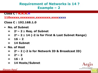 Requirement of Networks is 14 ? Example – 2  No. of Host = 2 h  – 2 (-2 is for Network ID & Broadcast ID) = 2 4  – 2  = 16 - 2 = 14 Hosts/Subnet Class C :  N . N . N . H 110xxxxx . xxxxxxxx . xxxxxxxx . xxxxxxxx Class C : 192.168.1.0 No. of Subnet = 2 n  – 2    Req. of Subnet = 2 4  – 2    14 (-2 is for First & Last Subnet Range) = 16 – 2  = 14 Subnet 110xxxxx . xxxxxxxx . xxxxxxxx . xxxx xxxx HELP 