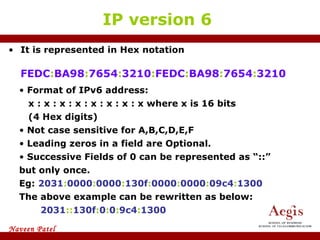 It is represented in Hex notation FEDC : BA98 : 7654 : 3210 : FEDC : BA98 : 7654 : 3210 IP version 6 Format of IPv6 address: x : x : x : x : x : x : x : x where x is 16 bits  (4 Hex digits) Not case sensitive for A,B,C,D,E,F Leading zeros in a field are Optional. Successive Fields of 0 can be represented as “::” but only once. Eg:  2031 : 0000 : 0000 : 130f : 0000 : 0000 : 09c4 : 1300 The above example can be rewritten as below: 2031 :: 130f : 0 : 0 : 9c4 : 1300 