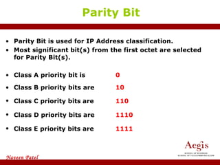 Parity Bit Parity Bit is used for IP Address classification.  Most significant bit(s) from the first octet are selected for Parity Bit(s). Class A priority bit is 0 Class B priority bits are 10 Class C priority bits   are  110 Class D priority bits   are   1110 Class E priority bits are   1111 
