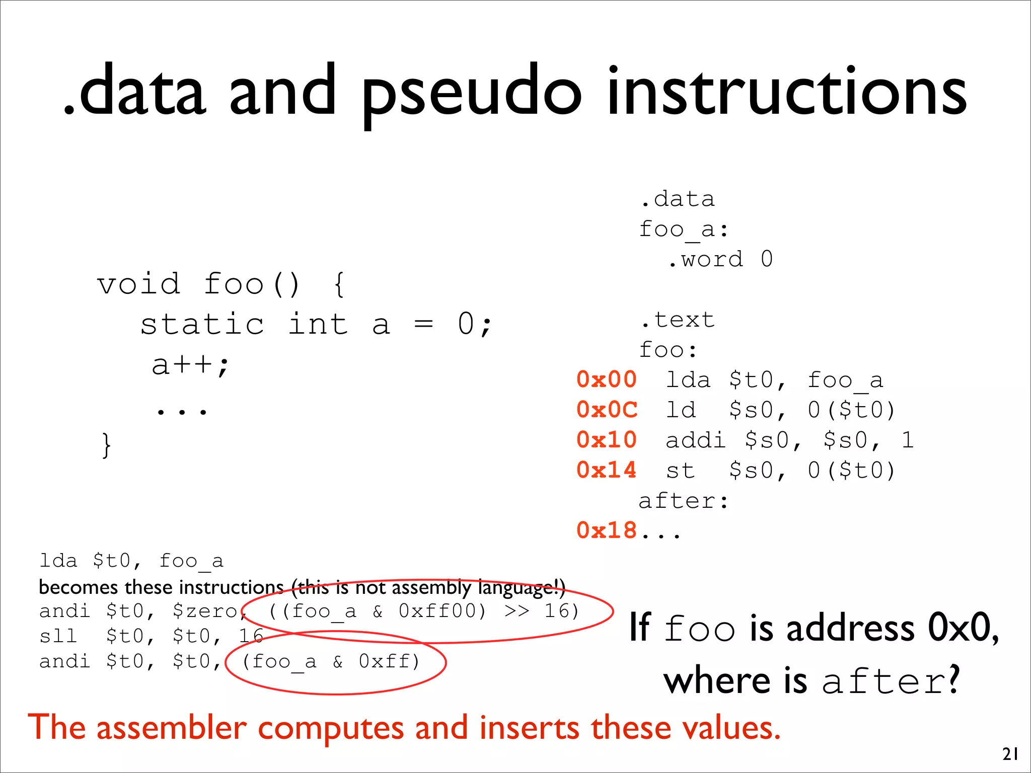 .data and pseudo instructions
21
void foo() {
static int a = 0;
a++;
...
}
.data
foo_a:
.word 0
.text
foo:
lda $t0, foo_a
ld $s0, 0($t0)
addi $s0, $s0, 1
st $s0, 0($t0)
after:
...
lda $t0, foo_a
becomes these instructions (this is not assembly language!)
andi $t0, $zero, ((foo_a & 0xff00) >> 16)
sll $t0, $t0, 16
andi $t0, $t0, (foo_a & 0xff)
If foo is address 0x0,
where is after?
0x00
0x0C
0x10
0x14
0x18
The assembler computes and inserts these values.
 