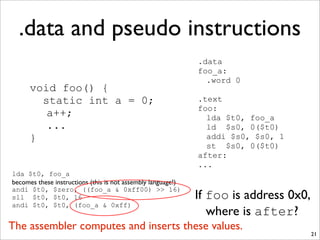 .data and pseudo instructions
21
void foo() {
static int a = 0;
a++;
...
}
.data
foo_a:
.word 0
.text
foo:
lda $t0, foo_a
ld $s0, 0($t0)
addi $s0, $s0, 1
st $s0, 0($t0)
after:
...
lda $t0, foo_a
becomes these instructions (this is not assembly language!)
andi $t0, $zero, ((foo_a & 0xff00) >> 16)
sll $t0, $t0, 16
andi $t0, $t0, (foo_a & 0xff)
If foo is address 0x0,
where is after?
The assembler computes and inserts these values.
 