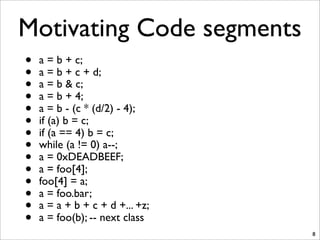 Motivating Code segments
• a = b + c;
• a = b + c + d;
• a = b & c;
• a = b + 4;
• a = b - (c * (d/2) - 4);
• if (a) b = c;
• if (a == 4) b = c;
• while (a != 0) a--;
• a = 0xDEADBEEF;
• a = foo[4];
• foo[4] = a;
• a = foo.bar;
• a = a + b + c + d +... +z;
• a = foo(b); -- next class
8
 