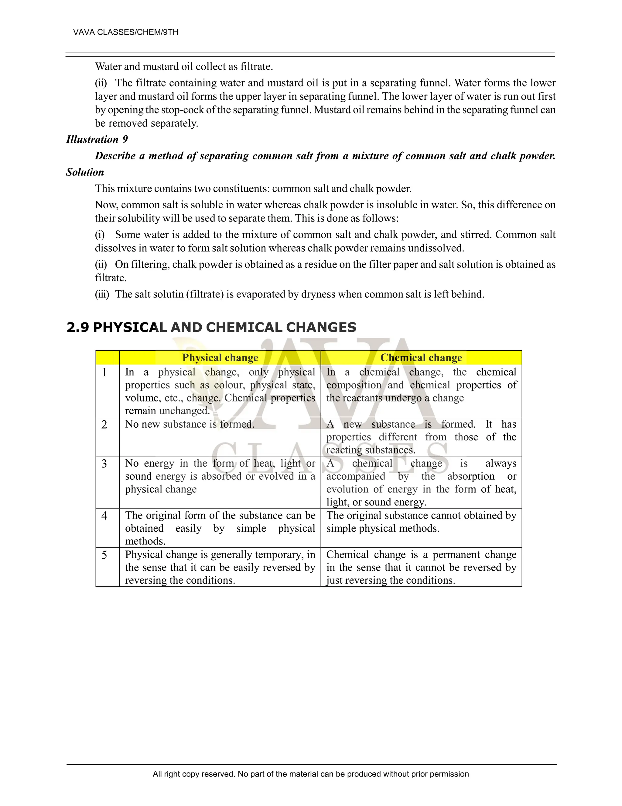 Water and mustard oil collect as filtrate.
(ii) The filtrate containing water and mustard oil is put in a separating funnel. Water forms the lower
layer and mustard oil forms the upper layer in separating funnel. The lower layer of water is run out first
by opening the stop-cock of the separating funnel. Mustard oil remains behind in the separating funnel can
be removed separately.
Illustration 9
Describe a method of separating common salt from a mixture of common salt and chalk powder.
Solution
This mixture contains two constituents: common salt and chalk powder.
Now, common salt is soluble in water whereas chalk powder is insoluble in water. So, this difference on
their solubility will be used to separate them. This is done as follows:
(i) Some water is added to the mixture of common salt and chalk powder, and stirred. Common salt
dissolves in water to form salt solution whereas chalk powder remains undissolved.
(ii) On filtering, chalk powder is obtained as a residue on the filter paper and salt solution is obtained as
filtrate.
(iii) The salt solutin (filtrate) is evaporated by dryness when common salt is left behind.
2.9 PHYSICAL AND CHEMICAL CHANGES
Physical change Chemical change
1 In a physical change, only physical
properties such as colour, physical state,
volume, etc., change. Chemical properties
remain unchanged.
In a chemical change, the chemical
composition and chemical properties of
the reactants undergo a change
2 No new substance is formed. A new substance is formed. It has
properties different from those of the
reacting substances.
3 No energy in the form of heat, light or
sound energy is absorbed or evolved in a
physical change
A chemical change is always
accompanied by the absorption or
evolution of energy in the form of heat,
light, or sound energy.
4 The original form of the substance can be
obtained easily by simple physical
methods.
The original substance cannot obtained by
simple physical methods.
5 Physical change is generally temporary, in
the sense that it can be easily reversed by
reversing the conditions.
Chemical change is a permanent change
in the sense that it cannot be reversed by
just reversing the conditions.
VAVA CLASSES/CHEM/9TH
All right copy reserved. No part of the material can be produced without prior permission
 