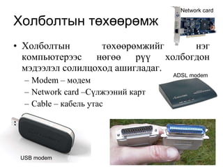 Холболтын төхөөрөмж Холболтын төхөөрөмжийг нэг компьютерээс нөгөө рүү холбогдон мэдээлэл солилцоход ашигладаг. Modem –  модем Network card – Сүлжээний карт Cable  – кабель утас USB modem ADSL modem Network card 