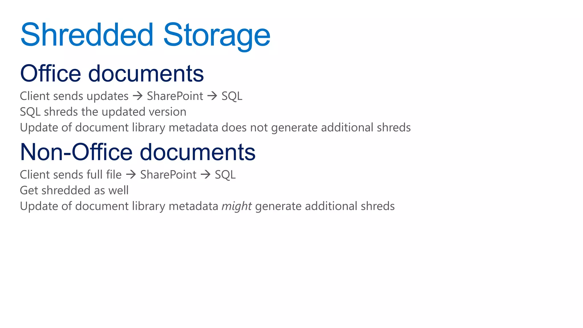 Shredded Storage
Office documents
Client sends updates  SharePoint  SQL
SQL shreds the updated version
Update of document library metadata does not generate additional shreds

Non-Office documents
Client sends full file  SharePoint  SQL
Get shredded as well
Update of document library metadata might generate additional shreds
 