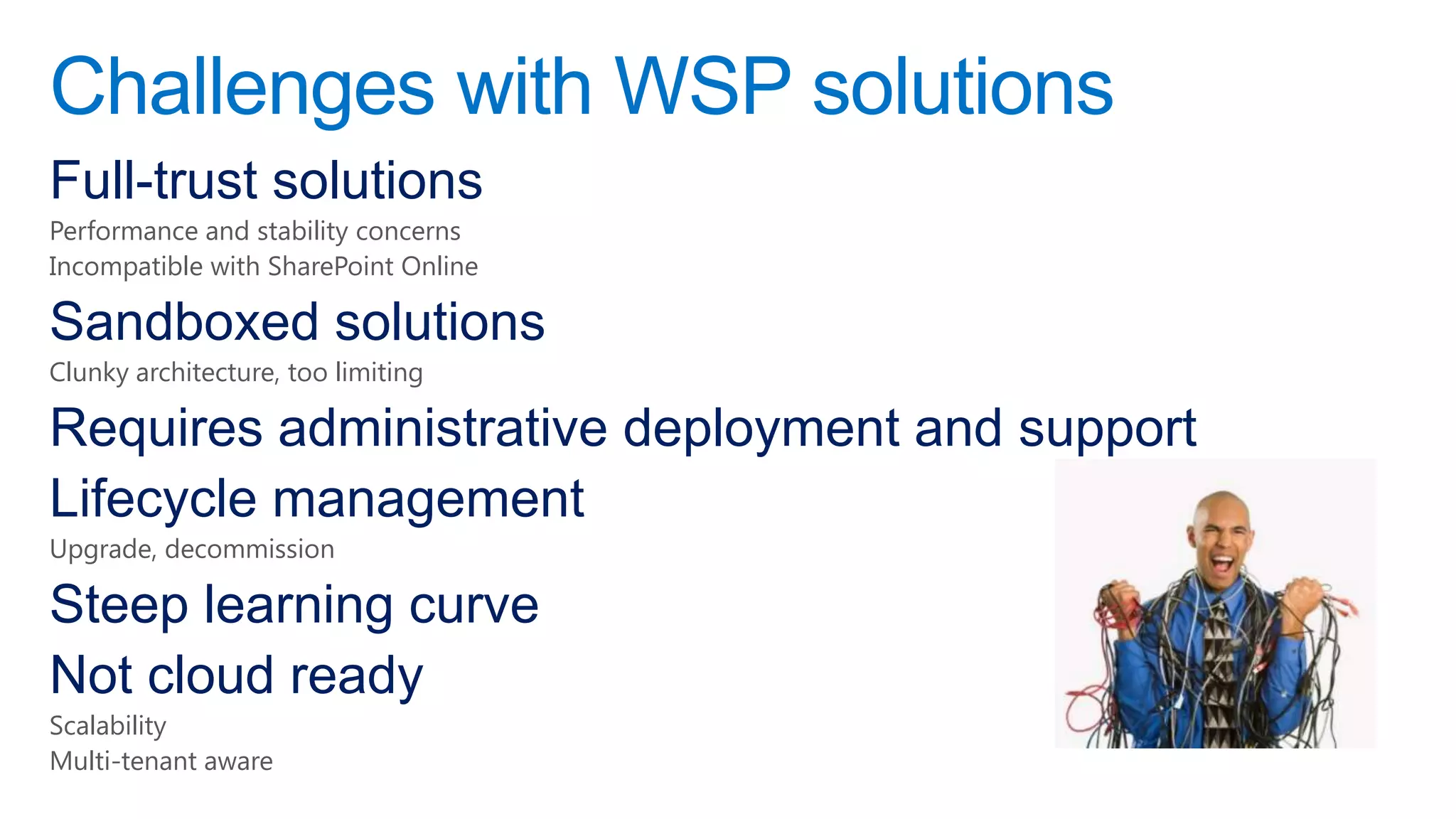 Challenges with WSP solutions
Full-trust solutions
Performance and stability concerns
Incompatible with SharePoint Online

Sandboxed solutions
Clunky architecture, too limiting

Requires administrative deployment and support
Lifecycle management
Upgrade, decommission

Steep learning curve
Not cloud ready
Scalability
Multi-tenant aware
 