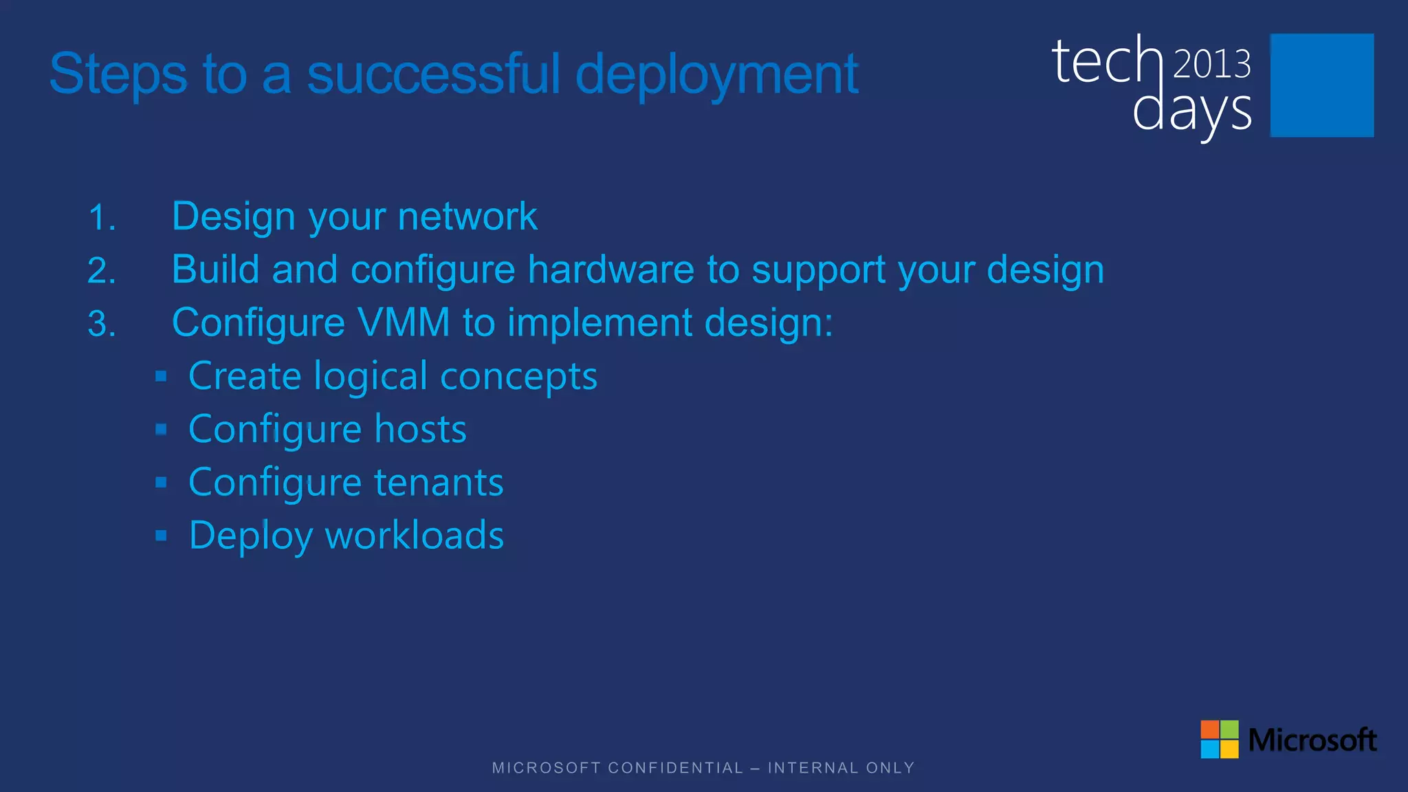 Steps to a successful deployment

 1.    Design your network
 2.    Build and configure hardware to support your design
 3.    Configure VMM to implement design:
       Create logical concepts
       Configure hosts
       Configure tenants
       Deploy workloads
 