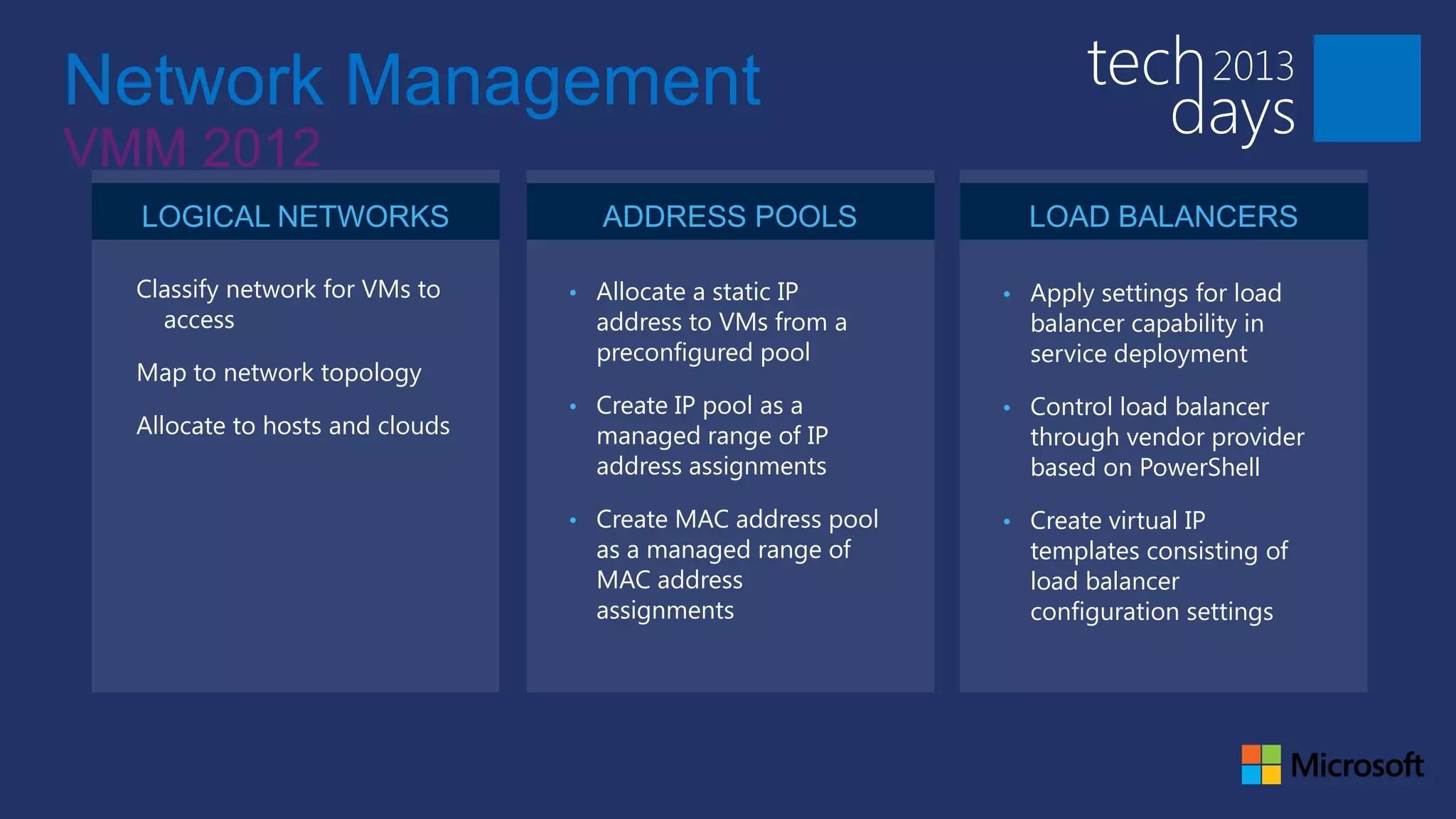Network Management
VMM 2012
  LOGICAL NETWORKS                  ADDRESS POOLS              LOAD BALANCERS

  Classify network for VMs to    • Allocate a static IP      • Apply settings for load
    access                         address to VMs from a       balancer capability in
                                   preconfigured pool          service deployment
  Map to network topology
                                 • Create IP pool as a       • Control load balancer
  Allocate to hosts and clouds     managed range of IP         through vendor provider
                                   address assignments         based on PowerShell

                                 • Create MAC address pool   • Create virtual IP
                                   as a managed range of       templates consisting of
                                   MAC address                 load balancer
                                   assignments                 configuration settings
 