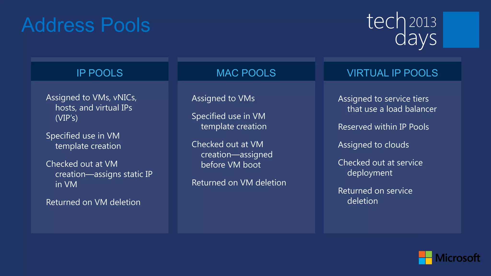 Address Pools

          IP POOLS                     MAC POOLS             VIRTUAL IP POOLS

  Assigned to VMs, vNICs,        Assigned to VMs           Assigned to service tiers
    hosts, and virtual IPs                                   that use a load balancer
    (VIP’s)                      Specified use in VM
                                   template creation       Reserved within IP Pools
  Specified use in VM
    template creation            Checked out at VM         Assigned to clouds
                                   creation—assigned
  Checked out at VM                before VM boot          Checked out at service
    creation—assigns static IP                               deployment
    in VM                        Returned on VM deletion
                                                           Returned on service
  Returned on VM deletion                                    deletion
 