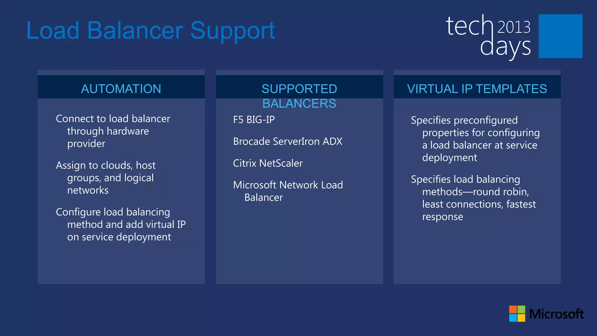 Load Balancer Support

       AUTOMATION                     SUPPORTED          VIRTUAL IP TEMPLATES
                                      BALANCERS
  Connect to load balancer      F5 BIG-IP                Specifies preconfigured
    through hardware                                       properties for configuring
    provider                    Brocade ServerIron ADX     a load balancer at service
                                                           deployment
  Assign to clouds, host        Citrix NetScaler
    groups, and logical                                  Specifies load balancing
                                Microsoft Network Load
    networks                                               methods—round robin,
                                  Balancer
                                                           least connections, fastest
  Configure load balancing                                 response
    method and add virtual IP
    on service deployment
 