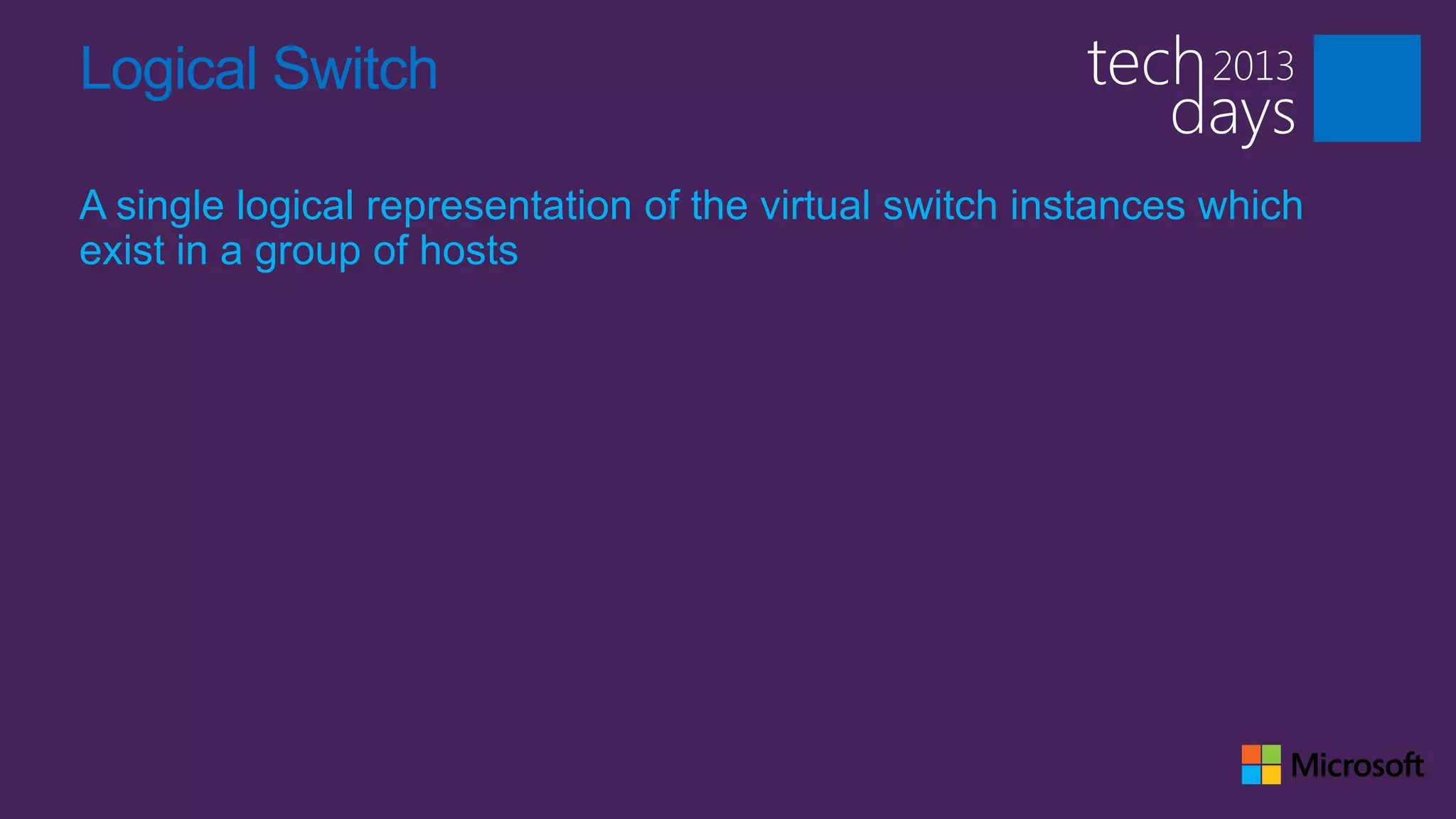 Logical Switch

A single logical representation of the virtual switch instances which
exist in a group of hosts
 