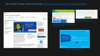 Microsoft Private Cloud resources http://www.microsoft.com/privatecloud
Private Cloud Economics Tool
http://technet.microsoft.com/en-
us/evalcenter/hh505660.aspx?wt.mc_id=TEC_103
_1_33
http://www.microsoft.com/optimization/
tools/overview.mspx
 