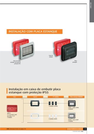 LIVING LIGHT
    INSTALAÇÃO COM PLACA ESTANQUE




                                                    Caixa de
                                                     embutir


             Caixa com placa                                                              Placa
       estanque com grau de                                                           protegida
               proteção IP55




    Instalação em caixa de embutir placa
    estanque com proteção IP55
             Caixa                        Suporte              N° módulos        Placa estanque IDROBOX




                                                    3 módulos (LIVING)
                                                                             24603L - graﬁte LIVING
                                                                             3 módulos


689014
(111,6x74x40,7 mm)
para placa 4”x2”
3 módulos
                                                    3 módulos (LIGHT)
                                                                             24603N - bianco LIGHT
                                                                             3 módulos




NOTA: informação técnica ver página 210                                     CARACTERÍSTICAS GERAIS          19
                                                                                      CATÁLOGO GERAL 2008
 