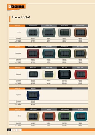 Placas LIVING

         Descrição      Alluminio chiaro    Acciaio scuro    Titanio chiaro   Bronzo ossidato



            Metálicas



           3 módulos        L4803AL           L4803AC          L4803TC           L4803BO
           4 módulos        L4804AL           L4804AC          L4804TC           L4804BO
          3+3 módulos       L4826AL           L4826AC          L4826TC           L4826BO



         Descrição      Amaranto metallic   Blu metallic    Verde metallic     Ocra metallic



          Metalizadas



           3 módulos        L4803AT           L4803BT          L4803VT           L4803OT
           4 módulos        L4804AT           L4804BT          L4804VT           L4804OT
          3+3 módulos       L4826AT           L4826BT          L4826VT           L4826OT


         Descrição        Bianco solid      Avório solid      Nero solid        Rosso solid



           Laqueadas



           3 módulos        L4803BA           L4803AV          L4803NR           L4803RD
           4 módulos        L4804BA                            L4804NR           L4804RD
          3+3 módulos       L4826BA           L4826AV          L4826NR           L4826RD


         Descrição          Blu solid



           Laqueadas



           3 módulos        L4803BD
           4 módulos        L4804BD
          3+3 módulos       L4826BD



         Descrição        Giallo scooter     Terracota      Verde drugstore     Blu metro



               Tonais



           3 módulos        L4803GT           L4803TR          L4803VR           L4803BU
           4 módulos        L4804GT           L4804TR          L4804VR           L4804BU
          3+3 módulos       L4826GT           L4826TR          L4826VR           L4826BU


22   LIVING - LIGHT
 