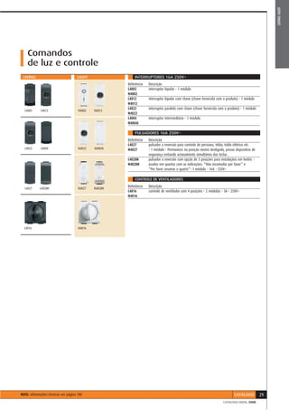 LIVING LIGHT
    Comandos
    de luz e controle
 LIVING                              LIGHT                 INTERRUPTORES 16A 250V~
                                                       Referência   Descrição
                                                       L4002        interruptor bipolar - 1 módulo
                                                       N4002
                                                       L4012        interruptor bipolar com chave (chave fornecida com o produto) - 1 módulo
                                                       N4012
                                                       L4022        interruptor paralelo com chave (chave fornecida com o produto) - 1 módulo
  L4002      L4012                    N4002   N4012
                                                       N4022
                                                       L4004        interruptor intermediário - 1 módulo
                                                       N4004L

                                                           PULSADORES 16A 250V~
                                                       Referência   Descrição
                                                       L4027        pulsador a reversão para controle de persiana, telão, toldo elétrico etc.
  L4022      L4004                    N4022   N4004L   N4027        - 1 módulo - Permanece na posição neutro desligado, possui dispositivo de
                                                                    segurança evitando acionamento simultâneo das teclas
                                                       L4028H       pulsador a reversão com opção de 3 posições para instalações em hotéis -
                                                       N4028H       usados em quartos com as indicações: ”Não incomodar por favor” e
                                                                    “Por favor arrumar o quarto”- 1 módulo - 16A - 250V~

                                                           CONTROLE DE VENTILADORES
                                                       Referência   Descrição
  L4027     L4028H                    N4027   N4028H
                                                       L4016        controle de ventilador com 4 posições - 2 módulos - 3A - 250V~
                                                       N4016




  L4016                               N4016




NOTA: informações técnicas ver página 188                                                                                     CATÁLOGO          29
                                                                                                                       CATÁLOGO GERAL 2008
 