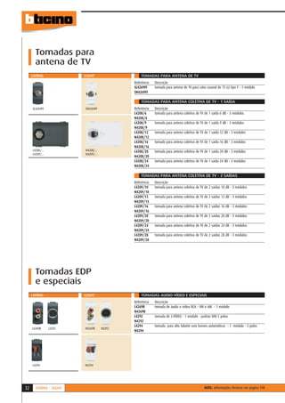 Tomadas para
       antena de TV
     LIVING              LIGHT                   TOMADAS PARA ANTENA DE TV
                                             Referência   Descrição
                                             SL4269FF     tomada para antena de TV para cabo coaxial de 75 Ω tipo F - 1 módulo
                                             SN4269FF

                                                 TOMADAS PARA ANTENA COLETIVA DE TV - 1 SAÍDA
     SL4269FF            SN4269FF            Referência   Descrição
                                             L4208/6      tomada para antena coletiva de TV de 1 saída 6 dB - 3 módulos
                                             N4208/6
                                             L4208/9      tomada para antena coletiva de TV de 1 saída 9 dB - 3 módulos
                                             N4208/9
                                             L4208/12     tomada para antena coletiva de TV de 1 saída 12 dB - 3 módulos
                                             N4208/12
                                             L4208/16     tomada para antena coletiva de TV de 1 saída 16 dB - 3 módulos
                                             N4208/16
     L4208/...           N4208/...           L4208/20     tomada para antena coletiva de TV de 1 saída 20 dB - 3 módulos
     L4209/...           N4209/...
                                             N4208/20
                                             L4208/24     tomada para antena coletiva de TV de 1 saída 24 dB - 3 módulos
                                             N4208/24

                                                 TOMADAS PARA ANTENA COLETIVA DE TV - 2 SAÍDAS
                                             Referência   Descrição
                                             L4209/10     tomada para antena coletiva de TV de 2 saídas 10 dB - 3 módulos
                                             N4209/10
                                             L4209/13     tomada para antena coletiva de TV de 2 saídas 13 dB - 3 módulos
                                             N4209/13
                                             L4209/16     tomada para antena coletiva de TV de 2 saídas 16 dB - 3 módulos
                                             N4209/16
                                             L4209/20     tomada para antena coletiva de TV de 2 saídas 20 dB - 3 módulos
                                             N4209/20
                                             L4209/24     tomada para antena coletiva de TV de 2 saídas 24 dB - 3 módulos
                                             N4209/24
                                             L4209/28     tomada para antena coletiva de TV de 2 saídas 28 dB - 3 módulos
                                             N4209/28




       Tomadas EDP
       e especiais
     LIVING              LIGHT                   TOMADAS AUDIO-VÍDEO E ESPECIAIS
                                             Referência   Descrição
                                             L4269R       tomada de áudio e vídeo RCA - VM e AM - 1 módulo
                                             N4269R
                                             L4292        tomada de S-VÍDEO - 1 módulo - padrão DIN 5 polos
                                             N4292
                                             L4294        tomada para alto falante com bornes automáticos - 1 módulo - 2 polos
     L4269R      L4292   N4269R      N4292
                                             N4294




     L4294               N4294




32     LIVING - LIGHT                                                                      NOTA: informações técnicas ver página 198
 