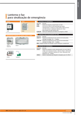 LIVING LIGHT
    Lanterna e luz
    para sinalização de emergência
 LIVING                              LIGHT             LÂNTERNA DE EMERGÊNCIA
                                                   Referência    Descrição
                                                   L4380         lanterna de emergência extraível bivolt 127/220V~.
                                                   N4380         Com led de luz branca de alta luminosidade que acende
                                                                 automaticamente na ausência de energia elétrica. Bateria de Ni-Cd
                                                                 sem efeito memoria e substituível. Autonomia de 2 horas -
                                                                 Baixo consumo em modo stand-by 0,4W
  L4380                               N4380
                                                   SL4380/BF     bateria para substituição para lanterna de emergência L/N4380

                                                       LÂMPADA PARA BALIZAMENTO DE PISO
 DISPOSITIVOS COMUNS AS LINHAS LIVING E LIGHT
                                                   Referência   Descrição
                                                   L4382/12     lâmpada para balizamento de piso com led de alta luminosidade,
                                                                interruptor de desligar. 12V~ - 2 módulos
                                                   L4382/230 lâmpada para balizamento de piso com led de alta luminosidade,
                                                                interruptor de desligar. 230V~ - 2 módulos
                                                   NOTA: a lâmpada incorpora um interruptor na parte frontal para o comando local
  L4382/12             L4384/3
  L4382/230                                            LÂMPADA DE EMERGÊNCIA
                                                   Referência    Descrição
                                                   L4384/3       lâmpada de emergência acende automaticamente em caso de falta de
                                                                 energia. Led de presença de tensão - botão de exclusão - bateria Ni-Cd
                                                                 recarregável e substituível. Autonomia de 3 horas. Alimentação 230V,
                                                                 lâmpada de 1W - 4 módulos
                                                   L4784/3       bateria de substituição para lâmpada de emergência para ref. L4384/3
  L4784/3               SL4380/BF




NOTA: informações técnicas ver páginas 204 e 205                                                                          CATÁLOGO        39
                                                                                                                  CATÁLOGO GERAL 2008
 