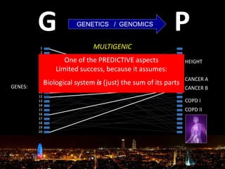 GENES:
1
2
3
4
5
6
7
8
9
10
11
12
13
14
15
16
17
18
19
20
G PGENETICS / GENOMICS
MULTIGENIC
HEIGHT
CANCER A
COPD II
CANCER B
COPD I
One of the PREDICTIVE aspects
Limited success, because it assumes:
Biological system is (just) the sum of its parts
 