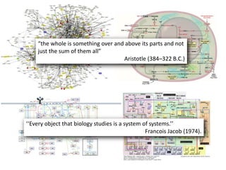 “the whole is something over and above its parts and not
just the sum of them all”
Aristotle (384–322 B.C.)
‘‘Every object that biology studies is a system of systems.’’
Francois Jacob (1974).
 