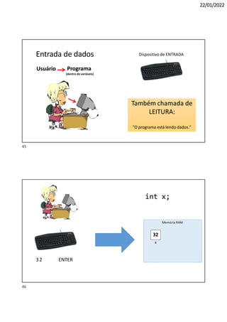 22/01/2022
Entrada de dados
Usuário Programa
(dentro de variáveis)
Também chamada de
LEITURA:
"O programa está lendo dados."
Dispositivo de ENTRADA
Memória RAM
x
32 ENTER
32
int x;
45
46
 