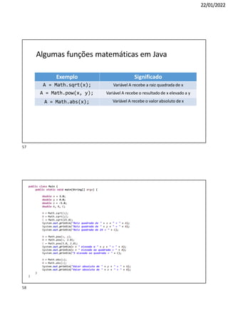 22/01/2022
Algumas funções matemáticas em Java
Exemplo
A = Math.sqrt(x);
A = Math.pow(x, y);
A = Math.abs(x);
Significado
Variável A recebe a raiz quadrada de x
Variável A recebe o resultado de x elevado a y
Variável A recebe o valor absoluto de x
public class Main {
public static void main(String[] args) {
double x = 3.0;
double y = 4.0;
double z = -5.0;
double A, B, C;
A = Math.sqrt(x);
B = Math.sqrt(y);
C = Math.sqrt(25.0);
System.out.println("Raiz quadrada de " + x + " = " + A);
System.out.println("Raiz quadrada de " + y + " = " + B);
System.out.println("Raiz quadrada de 25 = " + C);
A = Math.pow(x, y);
B = Math.pow(x, 2.0);
C = Math.pow(5.0, 2.0);
System.out.println(x + " elevado a " + y + " = " + A);
System.out.println(x + " elevado ao quadrado = " + B);
System.out.println("5 elevado ao quadrado = " + C);
A = Math.abs(y);
B = Math.abs(z);
System.out.println("Valor absoluto de " + y + " = " + A);
System.out.println("Valor absoluto de " + z + " = " + B);
}
}
58
57
 