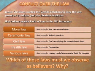 CONFLICTOVERTHELAWJewish Christians wanted the Gentile Christians to keep the Law passed on by Moses (and the pharisaic tradition)God ordered several kinds of laws in the Old Testament:Which of those laws must we observe as believers? Why?