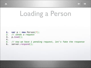 Loading a Person
1.
2.
3.
4.
5.
6.

var p = new Person(7);
// sends a request
p.load();
 
// now we have 1 pending request, let's fake the response
server.respond();

 