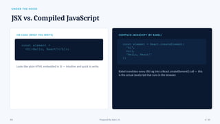 UNDER THE HOOD
JSX vs. Compiled JavaScript
JSX CODE (WHAT YOU WRITE)
const element =
<h1>Hello, React!</h1>;
Looks like plain HTML embedded in JS — intuitive and quick to write.
COMPILED JAVASCRIPT (BY BABEL)
const element = React.createElement(
'h1',
null,
'Hello, React!'
);
Babel translates every JSX tag into a React.createElement() call — this
is the actual JavaScript that runs in the browser.
JSX Prepared By: Kale J. N. 4 / 10
 
