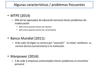 Algunas características / problemas frecuentes
• MTPE (2014)
– 50% de los egresados de educación terciaria tienen problemas de
inadecuación
• 60% entre quienes tienen ed. técnica
• 42% entre quienes tienen ed. universitaria
• Banco Mundial (2011):
• 8 de cada 10 eligen su carrera por “vocación” - la mitad cambiaria su
carrera técnica (universitaria) o la institución
• Manpower (2014):
– 2 de cada 3 empresas entrevistadas tienen problemas en encontrar
personal
 