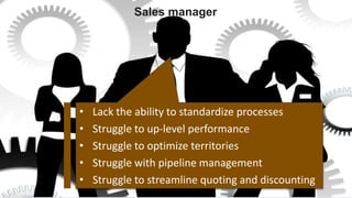 © 2015 Forrester Research, Inc. Reproduction Prohibited 25
Sales manager
• Lack the ability to standardize processes
• Struggle to up-level performance
• Struggle to optimize territories
• Struggle with pipeline management
• Struggle to streamline quoting and discounting
 