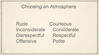 Choosing an Atmosphere
Rude Courteous
Inconsiderate Considerate
Disrespectful Respectful
Offensive Polite
 