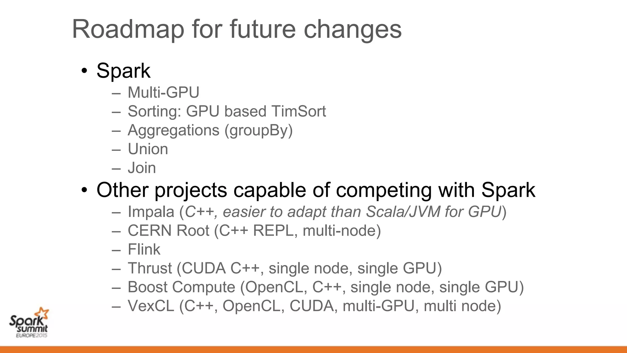 Roadmap for future changes
• Spark
– Multi-GPU
– Sorting: GPU based TimSort
– Aggregations (groupBy)
– Union
– Join
• Other projects capable of competing with Spark
– Impala (C++, easier to adapt than Scala/JVM for GPU)
– CERN Root (C++ REPL, multi-node)
– Flink
– Thrust (CUDA C++, single node, single GPU)
– Boost Compute (OpenCL, C++, single node, single GPU)
– VexCL (C++, OpenCL, CUDA, multi-GPU, multi node)
 