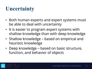 Uncertainty
• Both human experts and expert systems must
be able to deal with uncertainty
• It is easier to program expert systems with
shallow knowledge than with deep knowledge
• Shallow knowledge – based on empirical and
heuristic knowledge
• Deep knowledge – based on basic structure,
function, and behavior of objects
Knowledge Engineering - Natig Vahabov 25
 