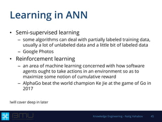 Learning in ANN
• Semi-supervised learning
– some algorithms can deal with partially labeled training data,
usually a lot of unlabeled data and a little bit of labeled data
– Google Photos
• Reinforcement learning
– an area of machine learning concerned with how software
agents ought to take actions in an environment so as to
maximize some notion of cumulative reward
– AlphaGo beat the world champion Ke Jie at the game of Go in
2017
!will cover deep in later
Knowledge Engineering - Natig Vahabov 45
 